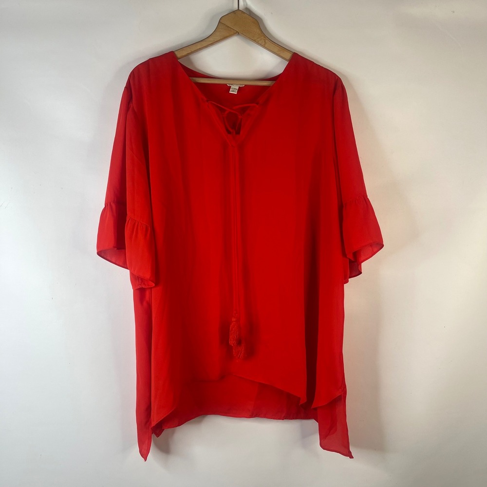 Cato Blouse Women 22/24W Red Lace Up Tassel Bell Sleeve Chiffon Top